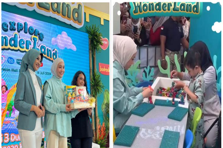 Nagita Slavina saat menghadiri talkshow parenting (kiri) dan bermain bersama Rayyanza (kanan) di Zona Under the Sea dalam event anak “Explore Wonderland“ di Summarecon Mall Bekasi, Jumat (12/7/24) Foto: Efa