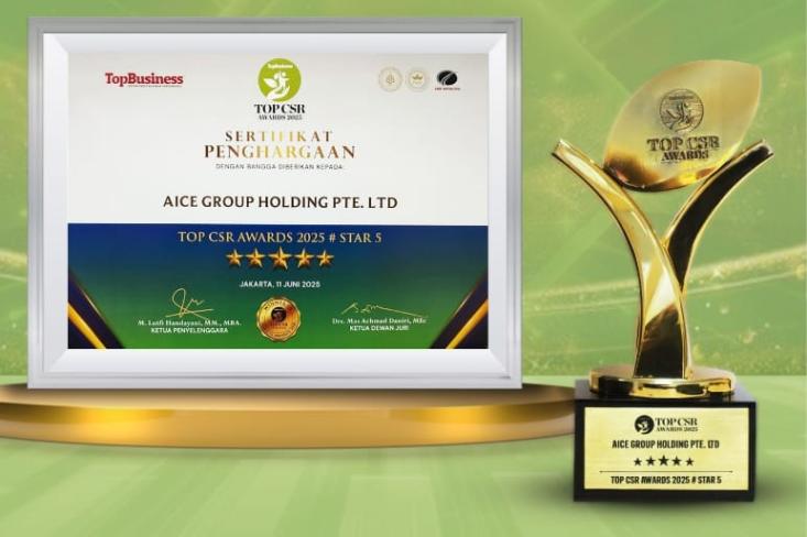 Dedikasi kuat untuk masyarakat dan lingkungan, Aice raih penghargaan tertinggi Bintang Lima di TOP CSR Awards 2025 selama lima tahun berturut-turut. Foto: Ist
