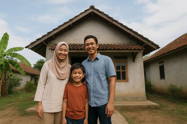 Ilustrasi keluarga kecil terdiri dari ayah, ibu, dan anak berdiri di depan rumah sederhana (Foto: Generated by AI)