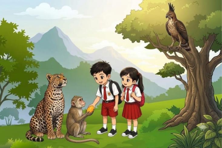 Dogo (macan tutul), Miel (monyet ekor panjang), Babas dan Mia serta Elmi (burung elang Jawa) dalam kisah Miel di Kaki Gunung Pangrango.