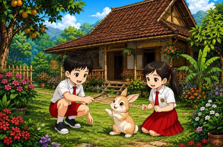 Kelinci peliharaan Babas, berlari menyambut Babas dan Miel yang pulang sekolah.